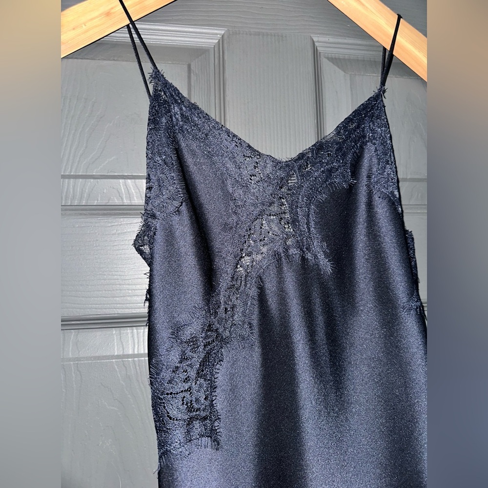 Zara ZW Collection Asymmetric Lace Satin Dress Navy Extra Small NWT - Picture 7 of 9